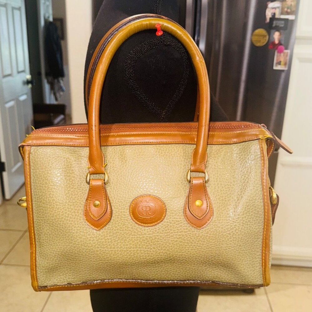 Vintage Y2K Preppy Braciano Belle Rose Pebble Leather Shoulder Handbag Olive Tan